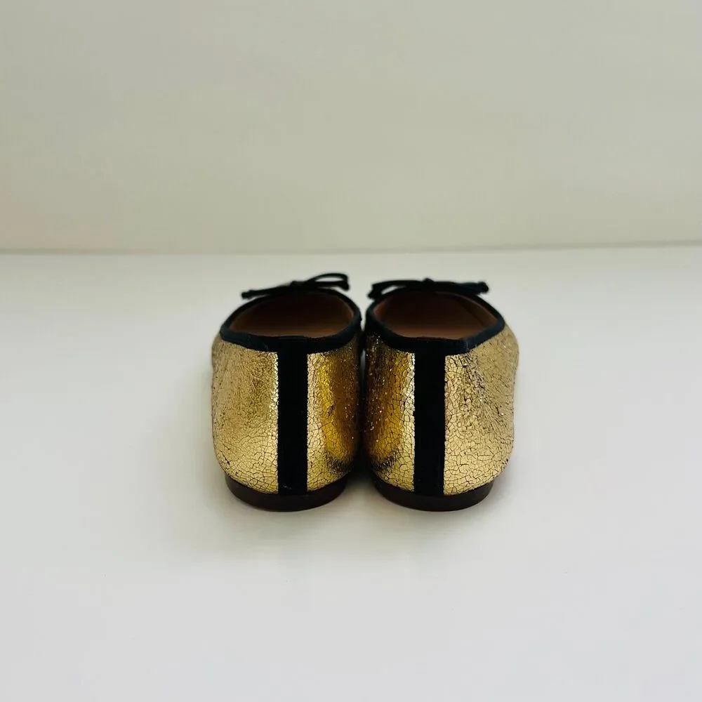 J. CREW Franklin Crackled Gold Leather Ballet Flats WIth Black Trim - US 6.5